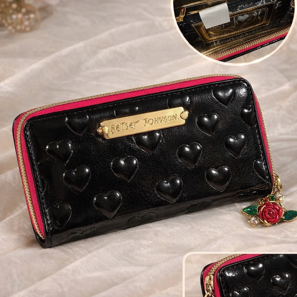 Betsey Johnson Black Wallet with Pink Trim and Heart Design